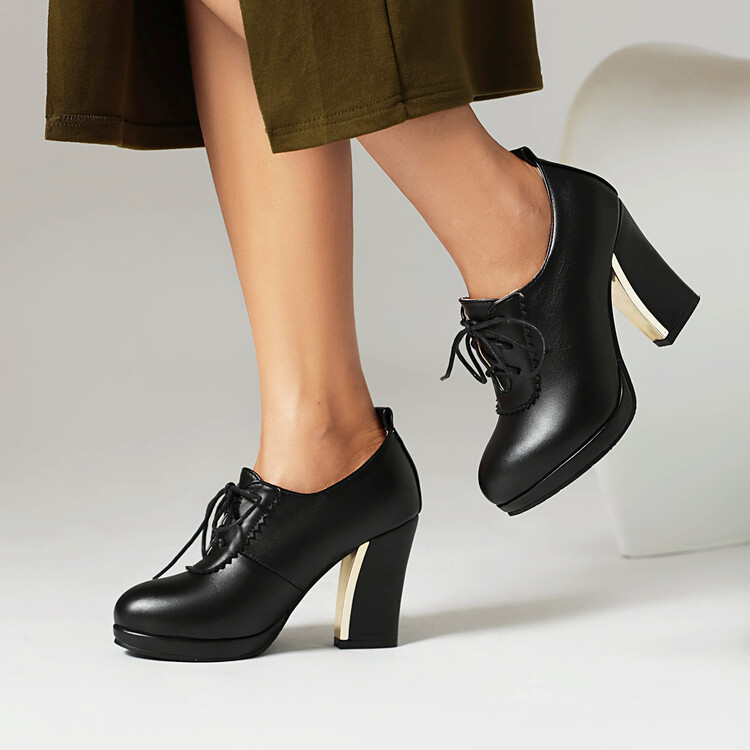 High Top Lace-Up Shoes with Chunky Heel and Color Block Design - Image 4