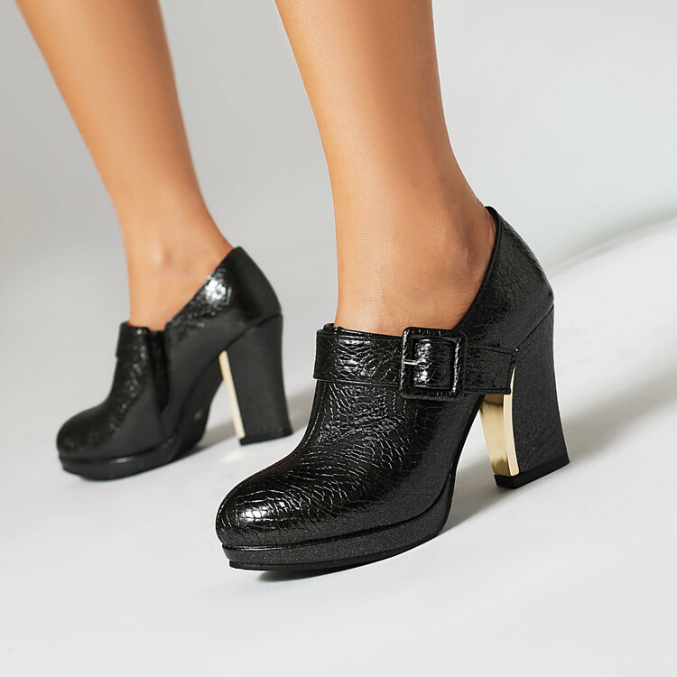 High Top Shoes PU Leather Chunky Heel Platform Round Toe Zip