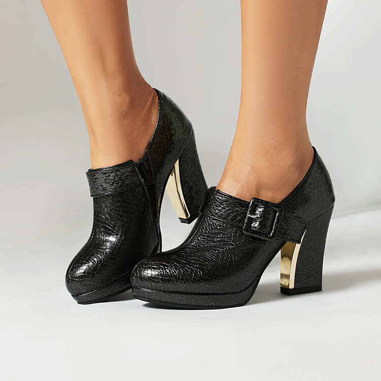 High Top Shoes PU Leather Chunky Heel Platform Round Toe Zip - Image 2
