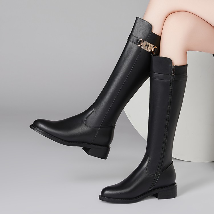 Knight Boots Low Heel Pointed Toe Metal Buckle Black