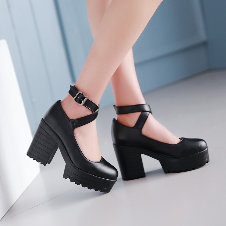 Sweet Round Toe Chunky Heel Loafers with Buckle Strap