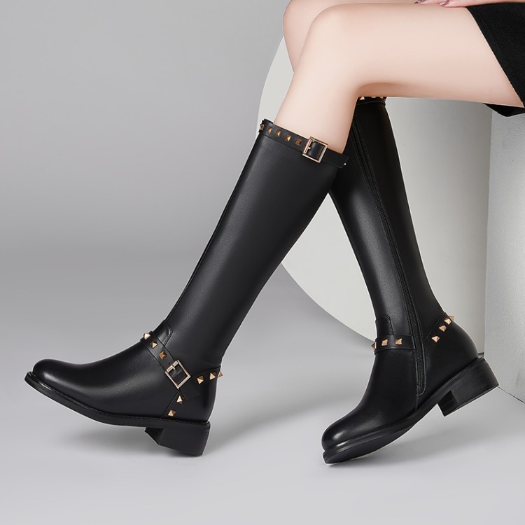 Women's Black Pointed Toe Knee-High Riding Boots with Buckle and Stud Details