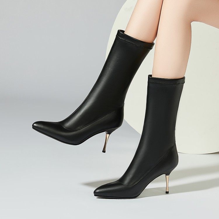 Women's Black Pointed Toe Mid Calf Fashion Boots with Metal Decoration