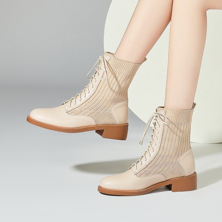 Women's Fashion Mid-Calf Boots - Top Grain Leather, Pointed Toe, Lace-Up, Color Block, Mesh, Flat Heel, Casual