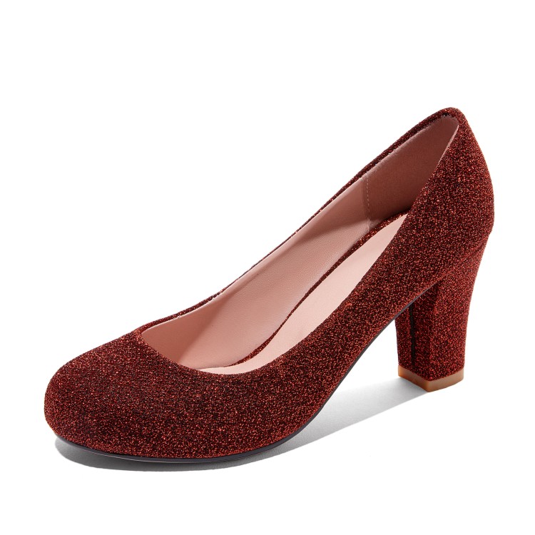 Women's High Heel Chunky Pumps - Synthetic Leather, TPR Sole, Round Toe, Slip-On, Solid Color