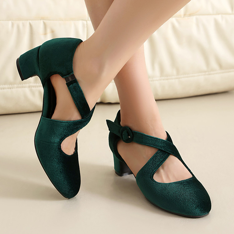 Women's High Heel Closed Toe Sandals - Suede Retro Block Heel - Image 2