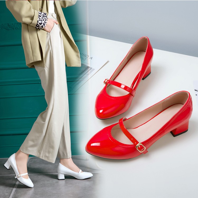 Women's Minimalist Patent PU Chunky Mid Heel Round Toe Buckle Strap Flats