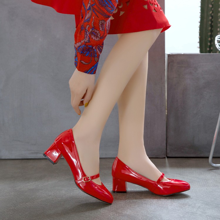 Women's Minimalist Patent PU Chunky Mid Heel Round Toe Buckle Strap Flats - Image 3