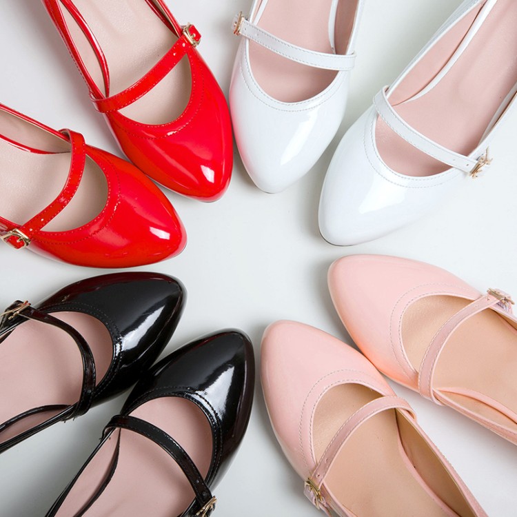Women's Minimalist Patent PU Chunky Mid Heel Round Toe Buckle Strap Flats - Image 4