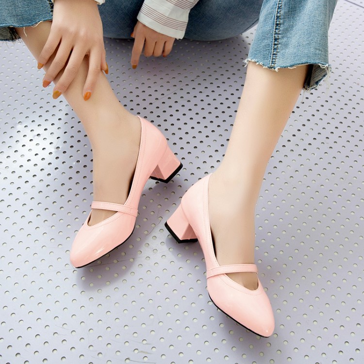 Women's Minimalist Patent PU Chunky Mid Heel Round Toe Buckle Strap Flats - Image 5